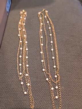 One Set Of 2 Vintage Gold Multi-Strand Beaded Layered Necklace - White Beads